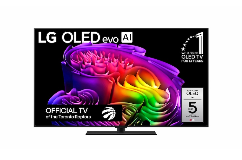 The front view of LG OLED evo AI G6, released in 2026, features a slim black bezel, with a vivid, sculptural image of richly layered, multicolored forms filling the screen.
